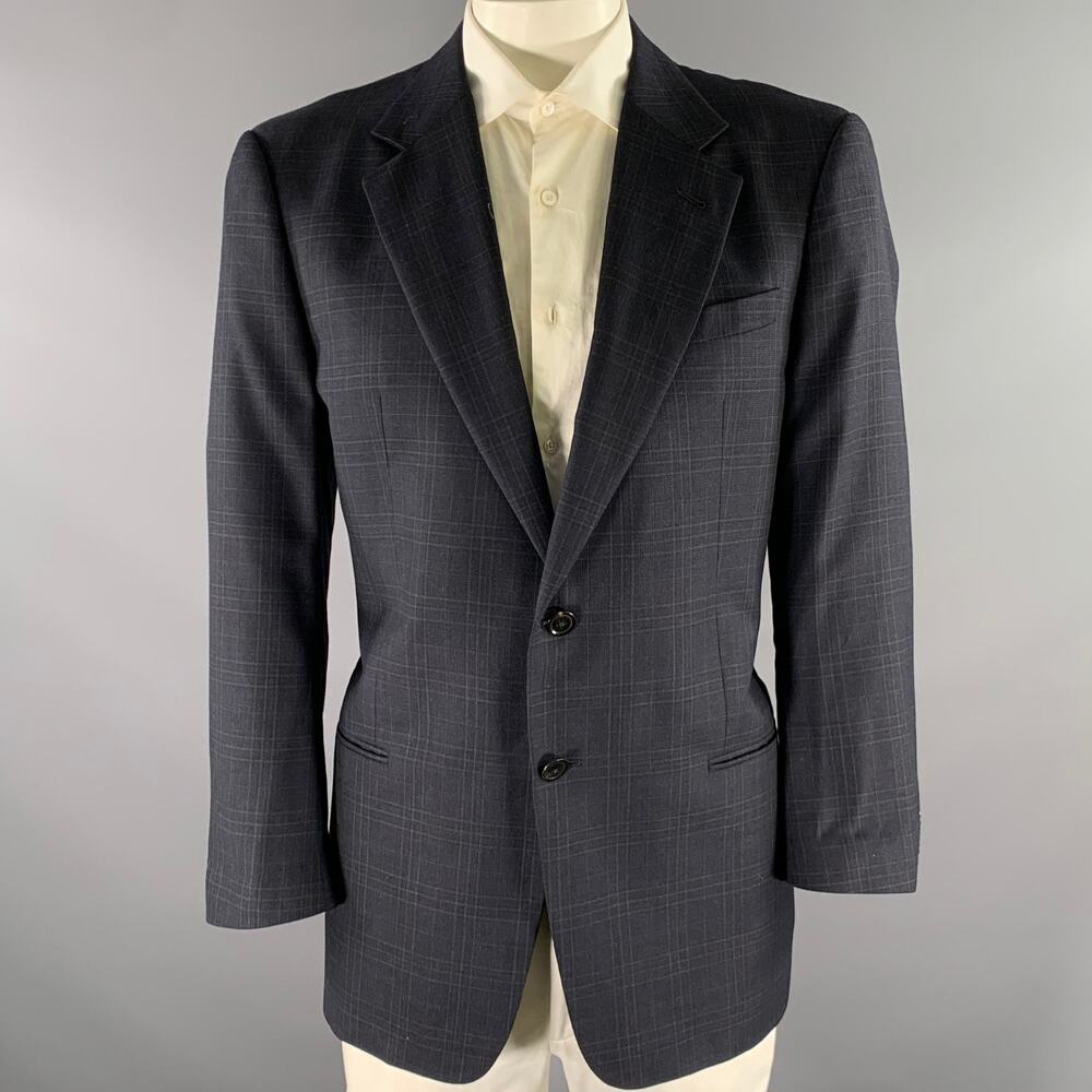 ARMANI COLLEZIONI Size 44 Navy Plaid Wool Notch Lapel Sport Coat